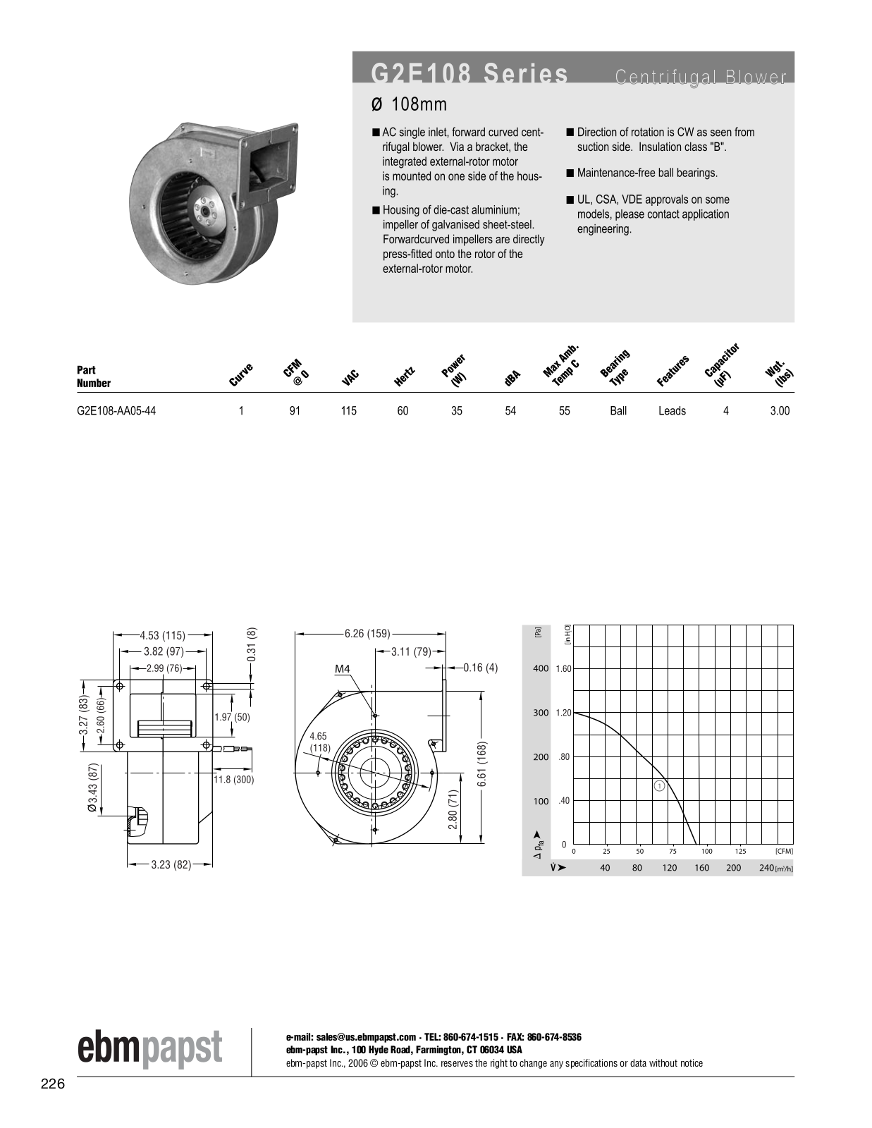 ebm-papst Centrifugal Blower Series G2E108 Catalog Page