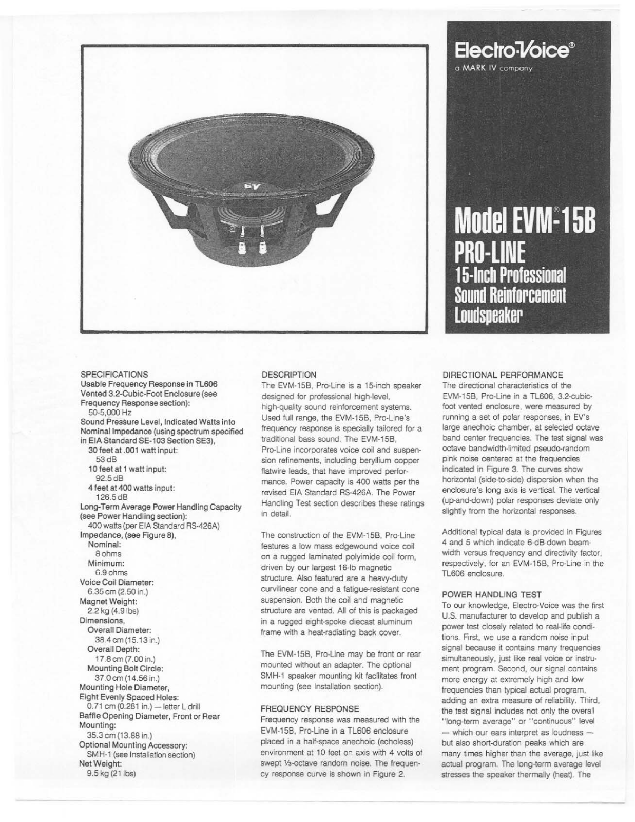 Electro-voice EVM-15B PRO-LINE DATASHEET