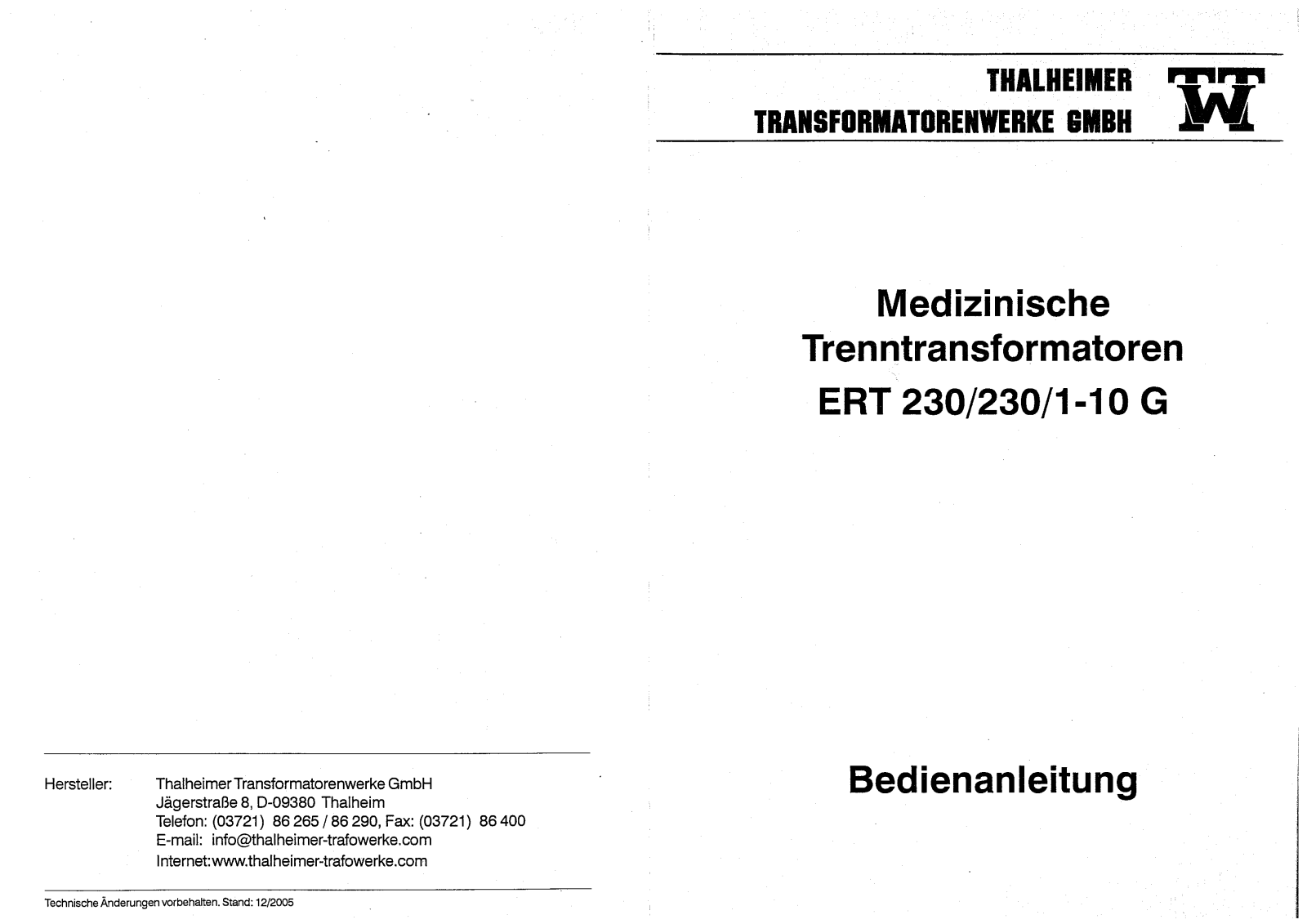 Thalheimer ERT 230/230/1-10G Operation Manual