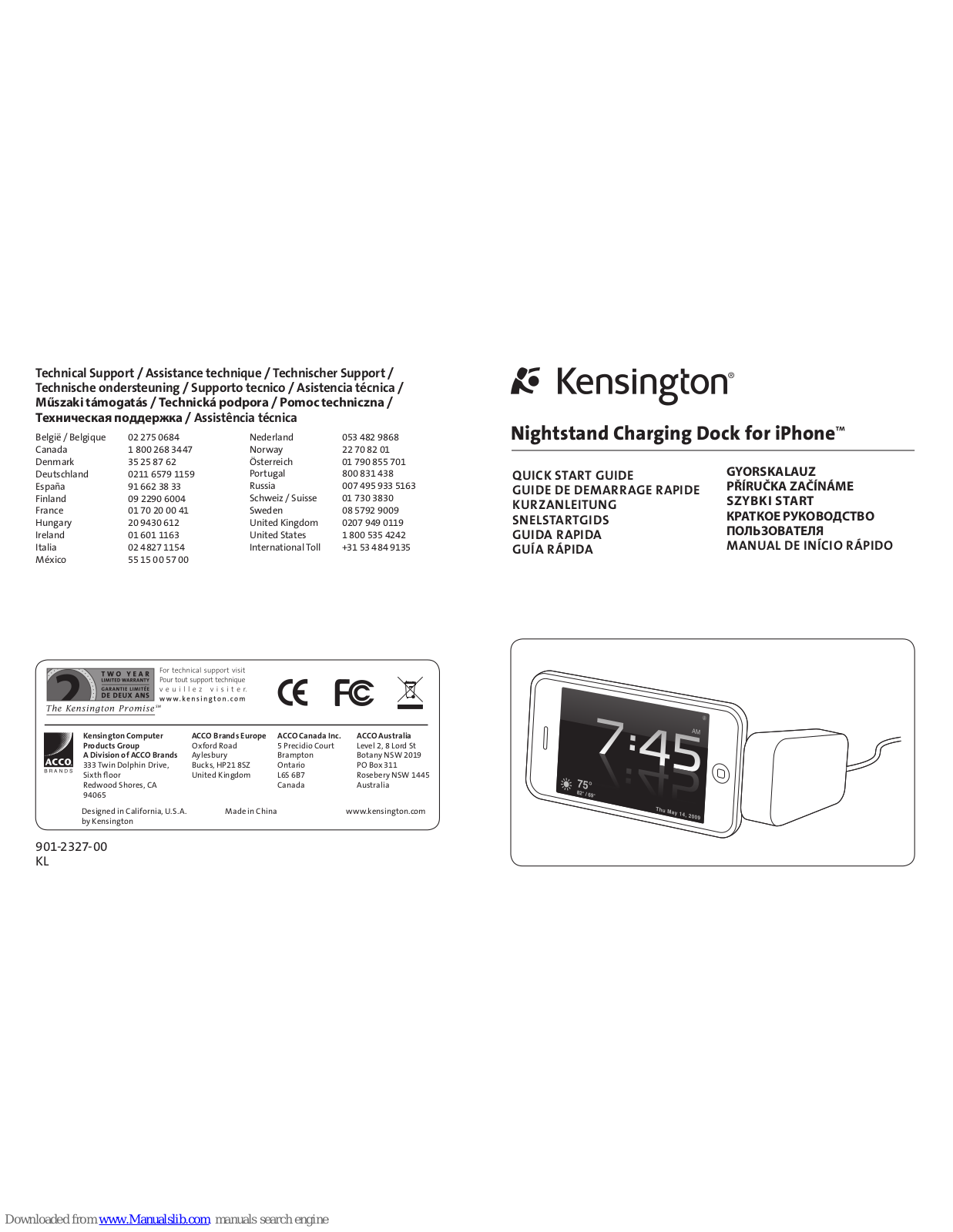 Kensington K33458US, K33458EU, Nightstand Charging Dock for iPhone Quick Start Manual