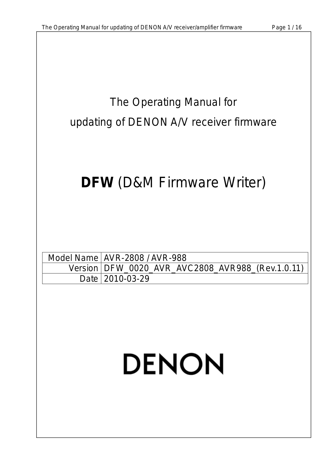 Denon DFW 0020, AVR-2808, AVR-988 Service Manual