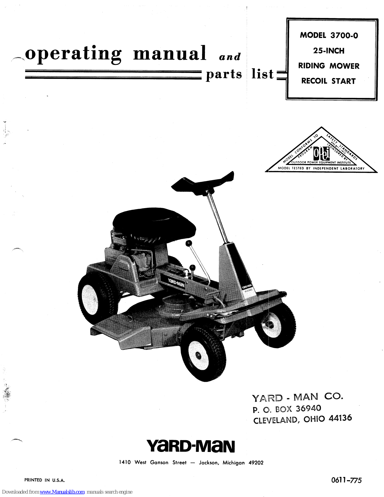 Yard-Man 3700-0 Operating Manual And Parts List