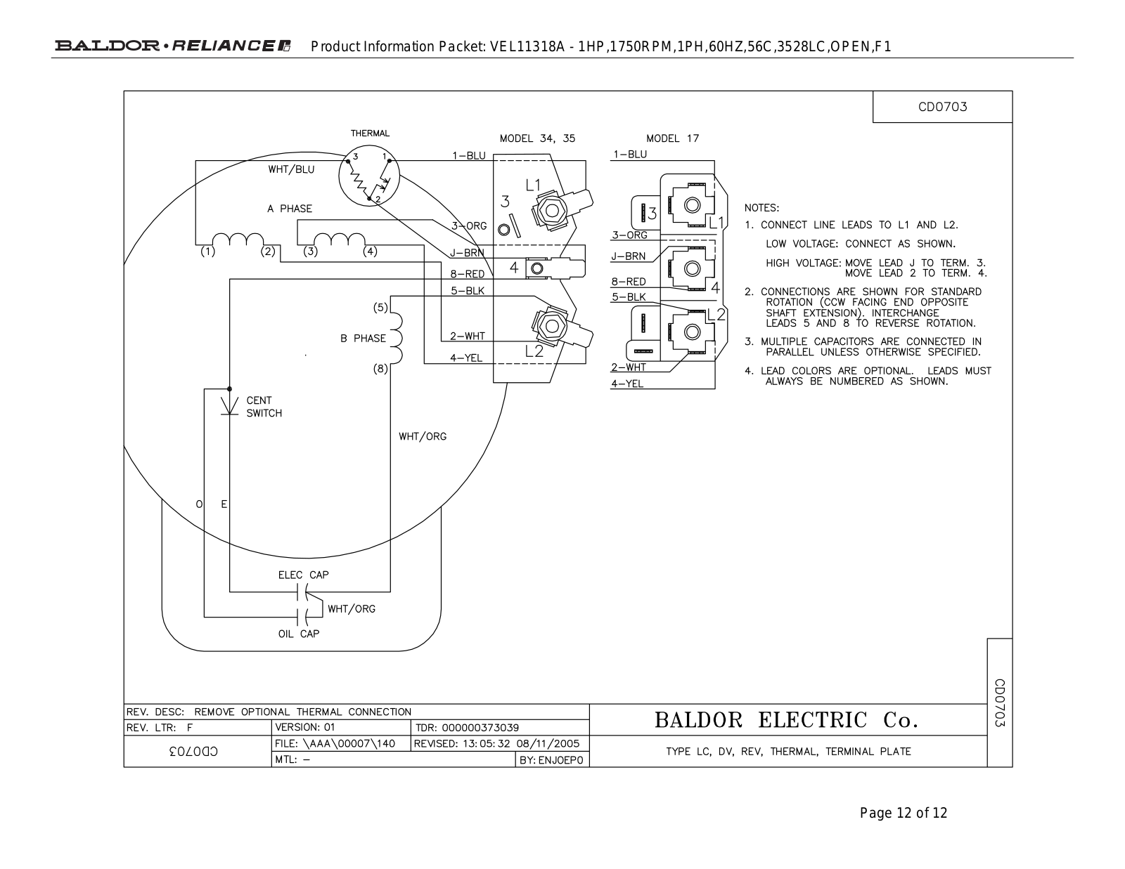 Baldor VEL11318A Product Information Packet