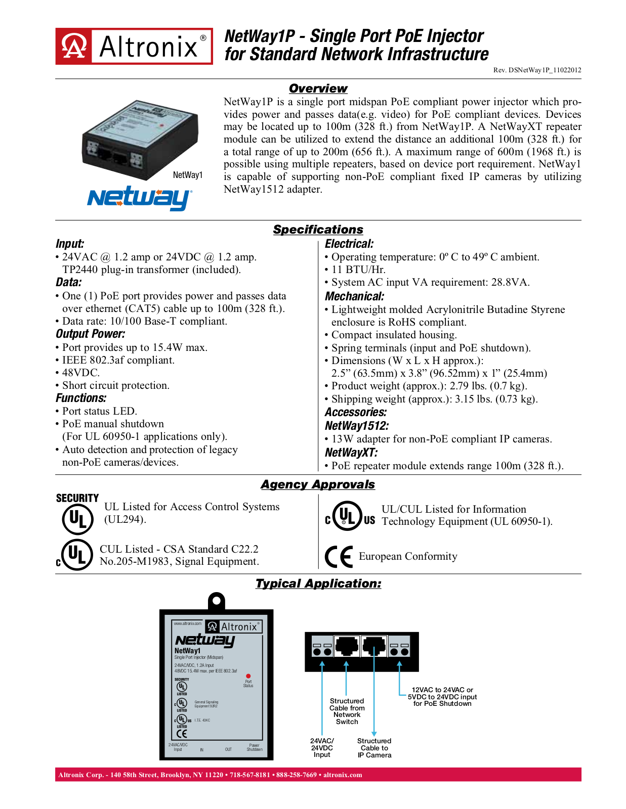 Altronix NetWay1P Specsheet