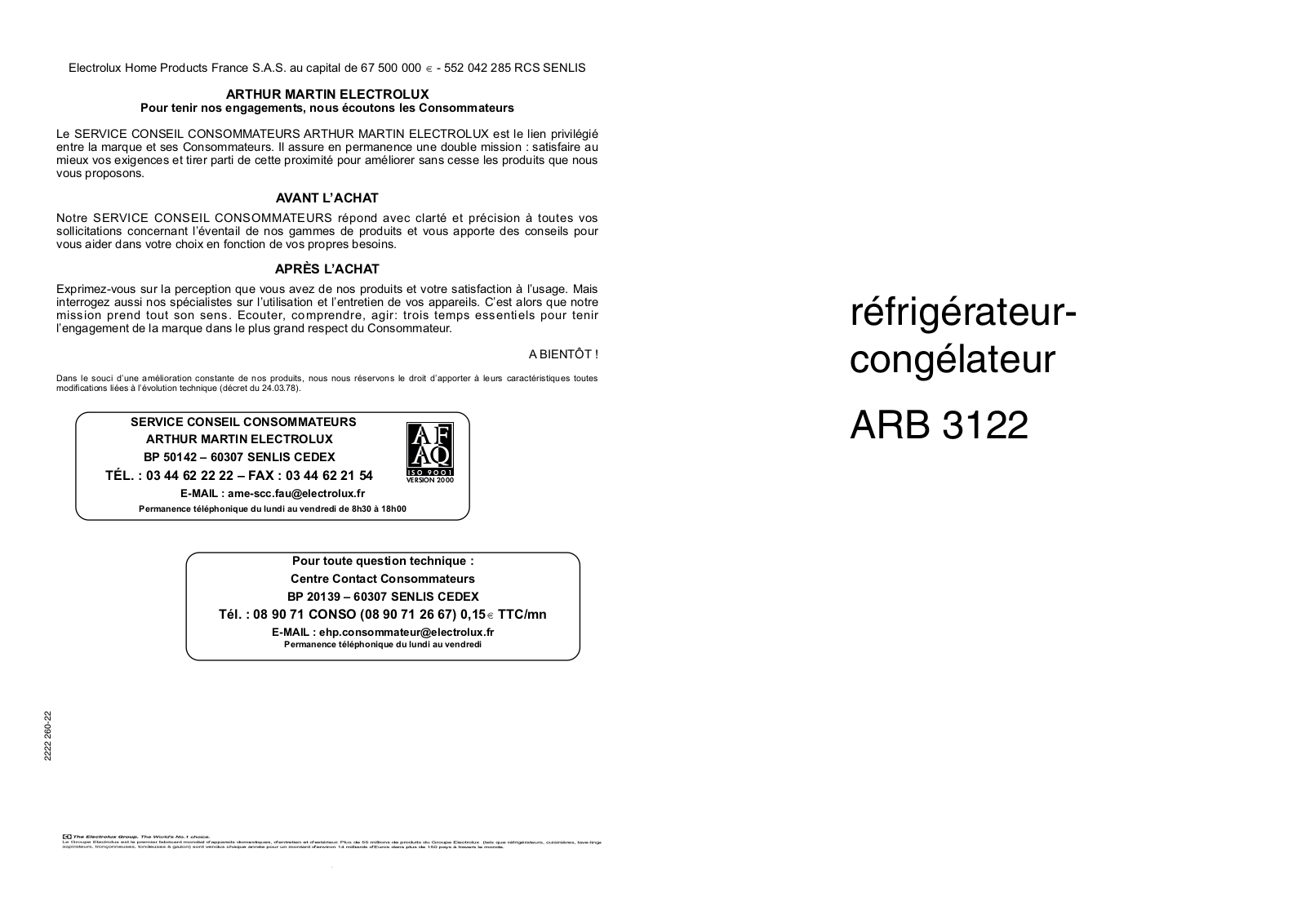 Arthur martin ARB3122 User Manual