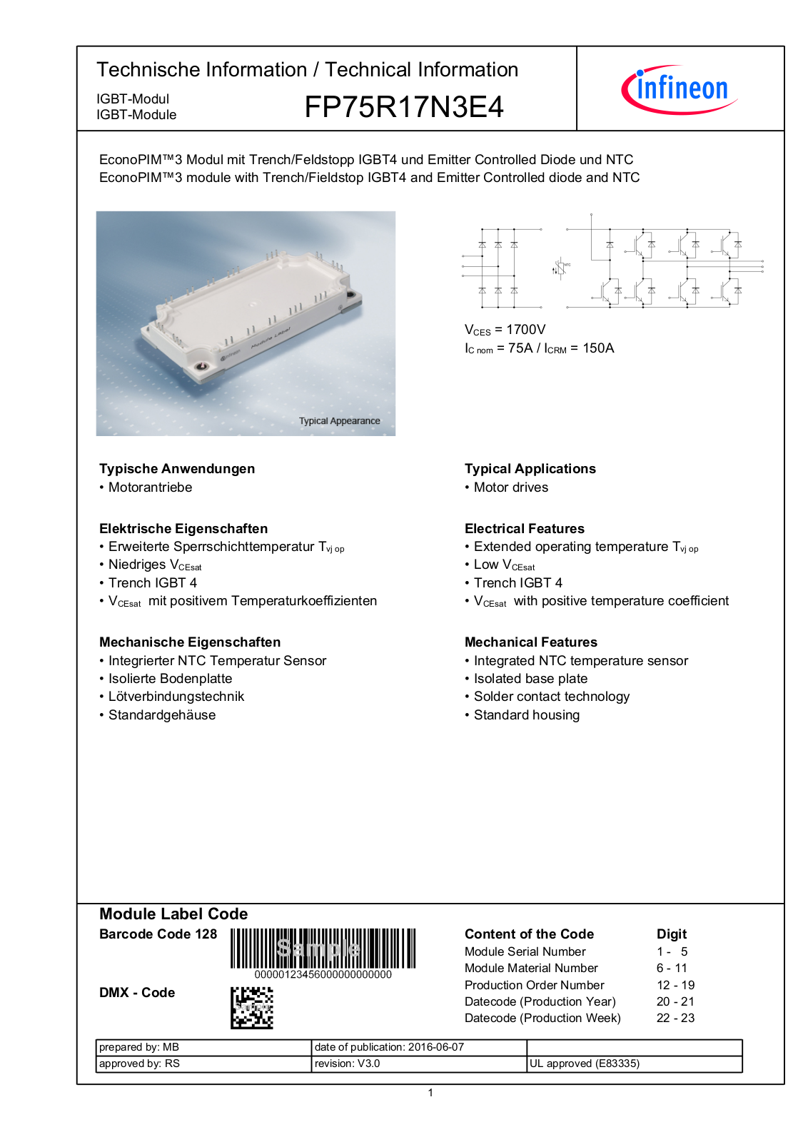 Infineon FP75R17N3E4 Data Sheet