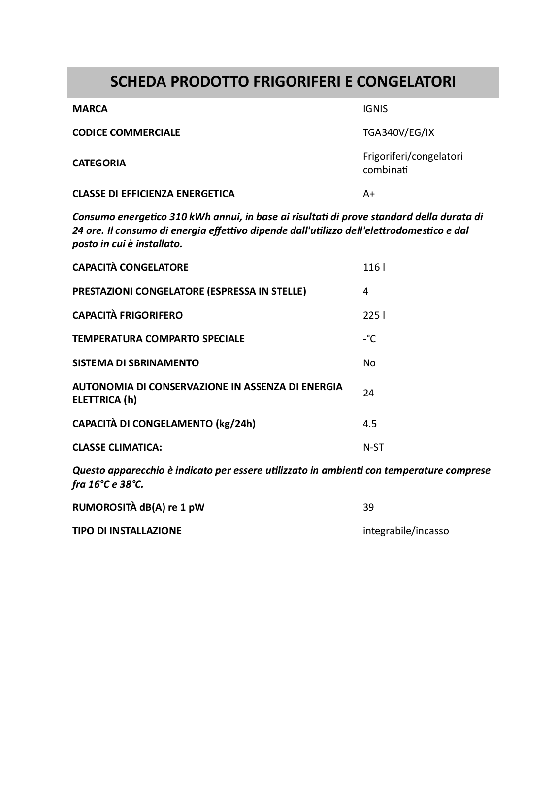 Whirlpool TGA340V/EG/IX PRODUCT SHEET