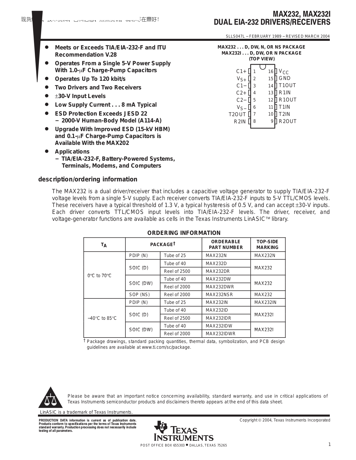 TEXAS INSTRUMENTS MAX232 Technical data