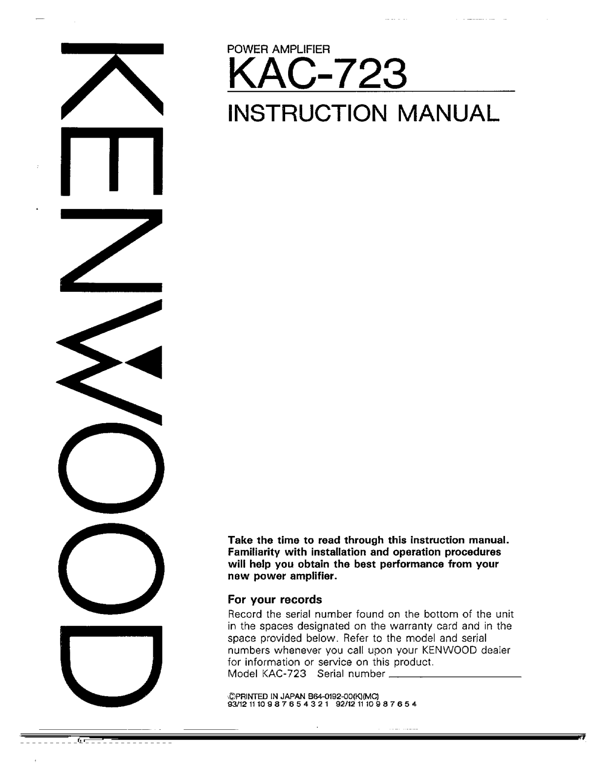 Kenwood KAC-723 Owner's Manual