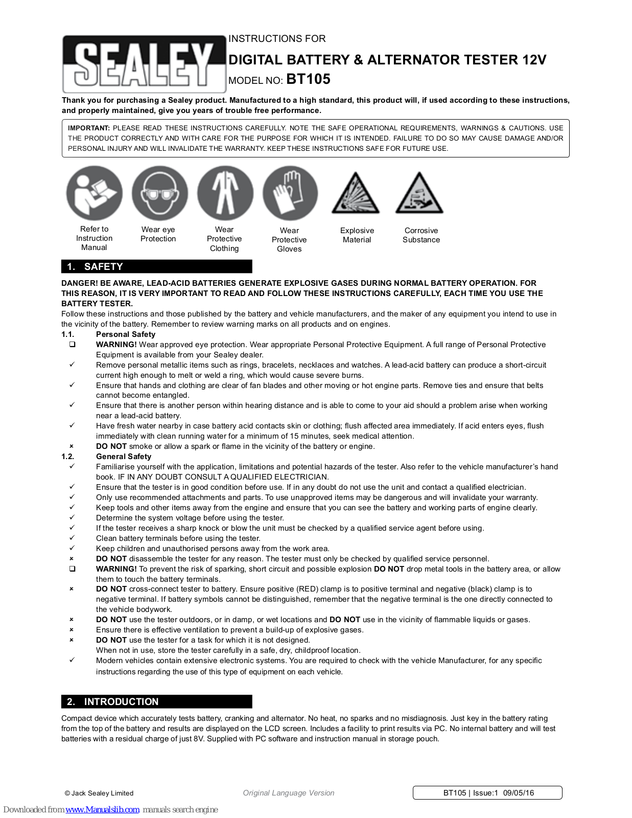 Sealey BT105 Instructions Manual