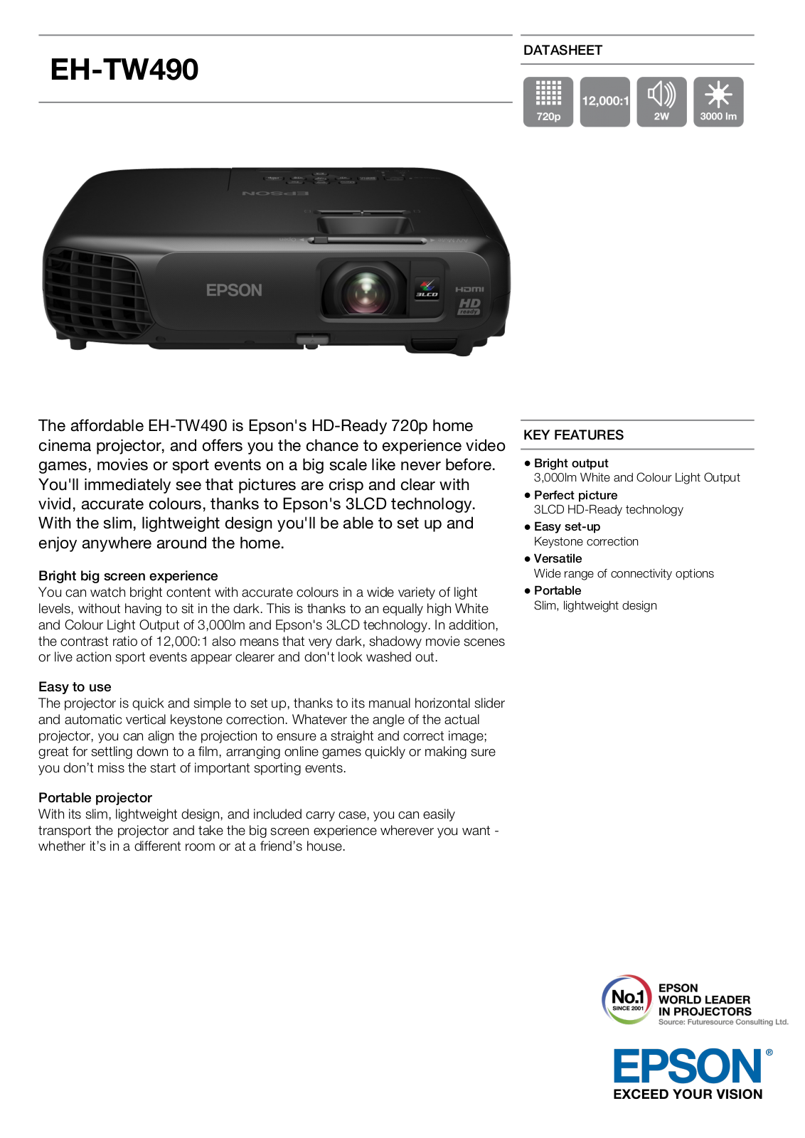 Epson EH-TW490 Product Sheet