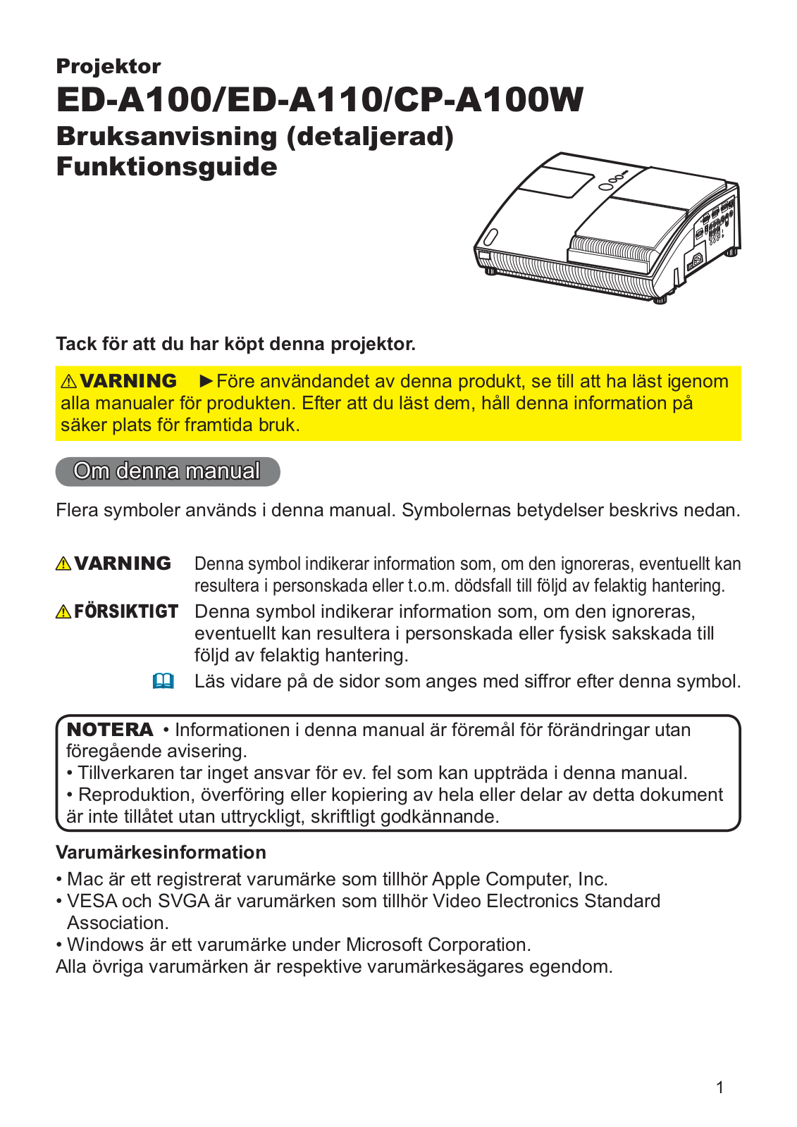 Hitachi ED-A100, CP-A100W, ED-A110 User Manual