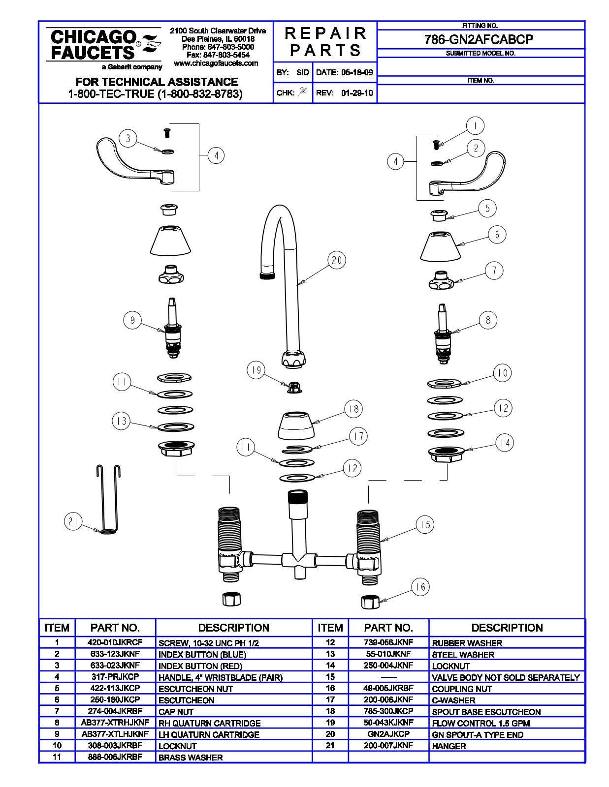 Chicago Faucet 786-GN2AFCABCP Parts List