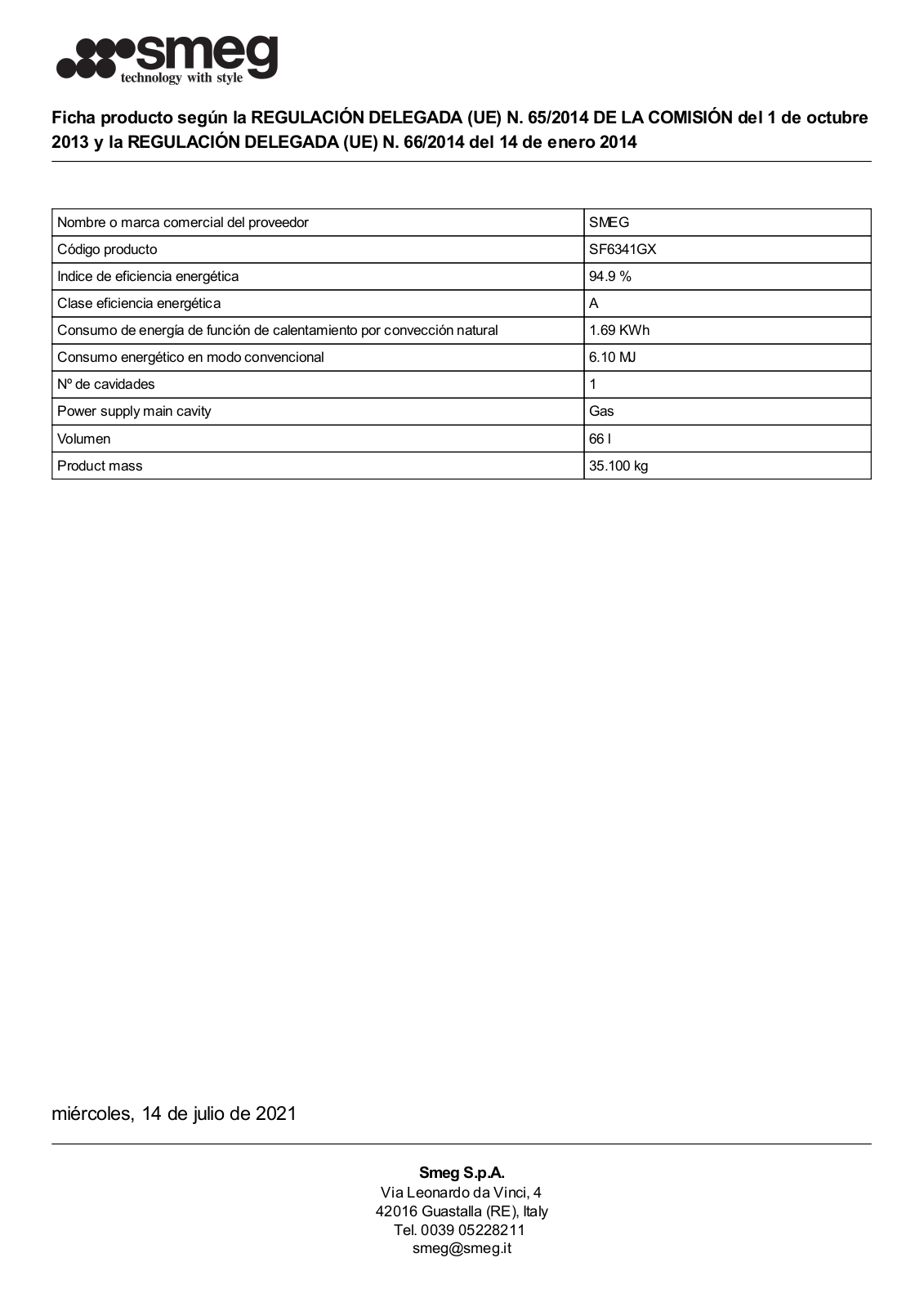 Smeg SF6341GX Product Information Sheet