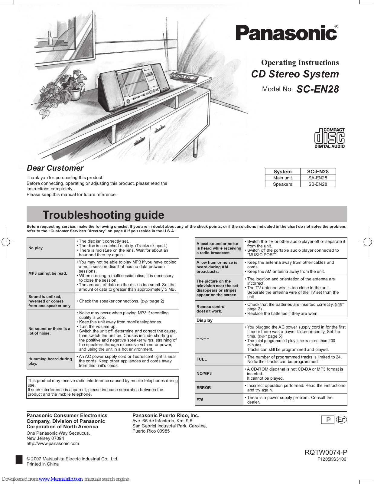 Panasonic EN28 - SC Micro System, SA-EN28, SB-EN28 Troubleshooting Manual