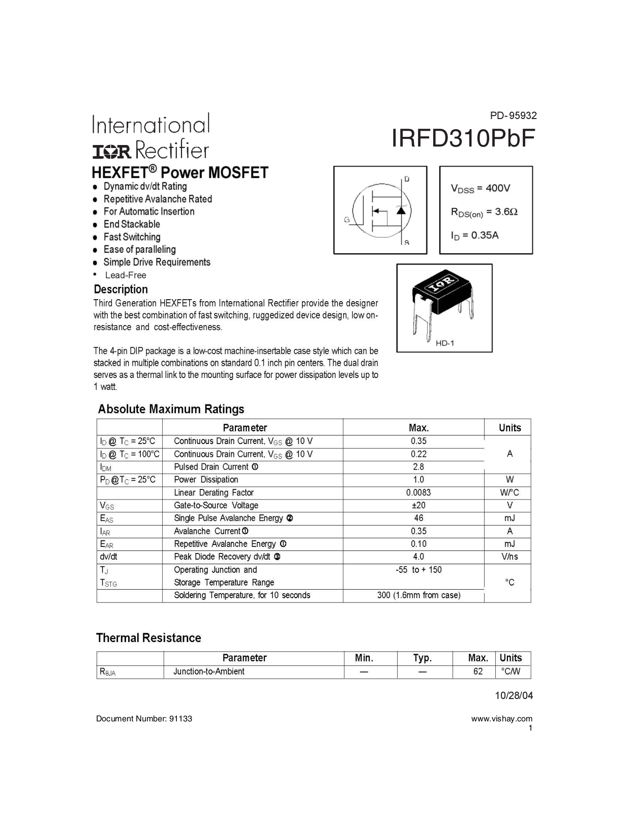 Datasheet irfd310pbf Datasheet - ManualMachine.com