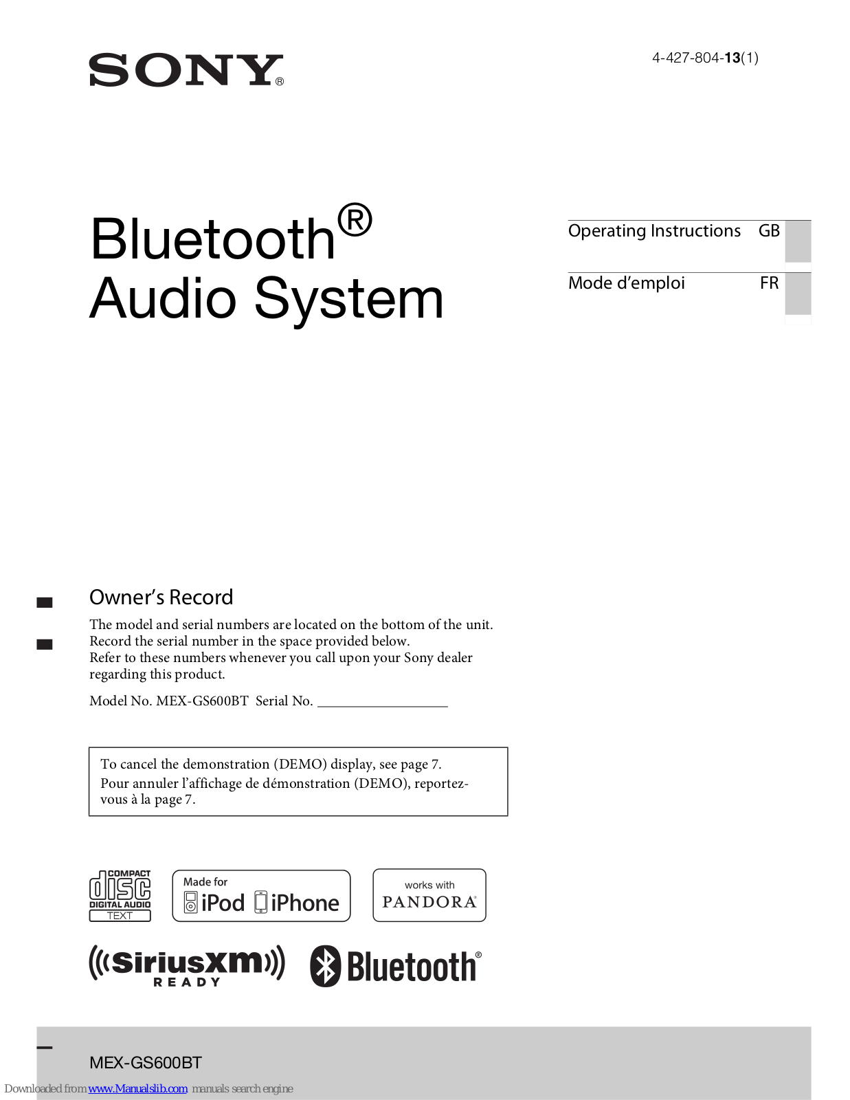 Sony MEX-GS600BT,MEX-BT4100P Operating Instructions Manual