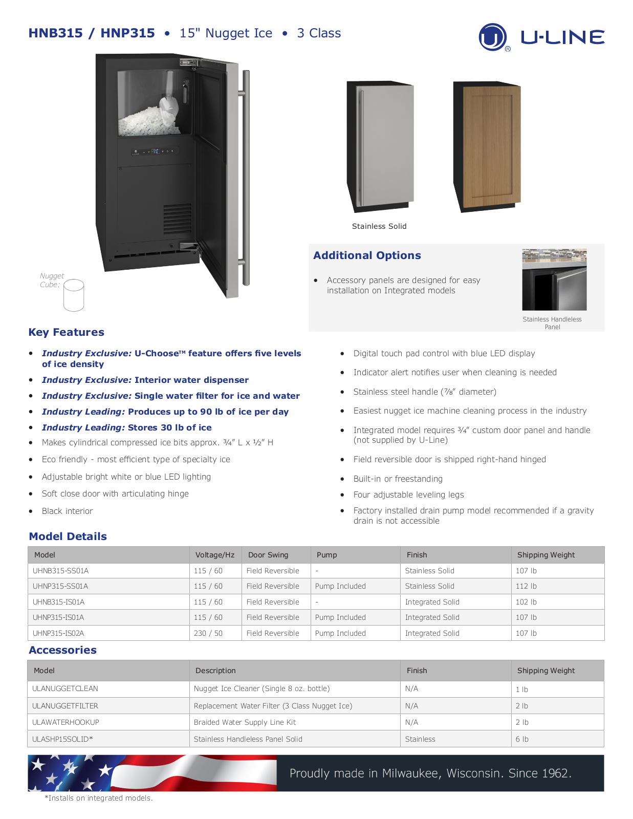 U-Line UHNP315-IS01A, UHNP315-IS02A Specification Sheet