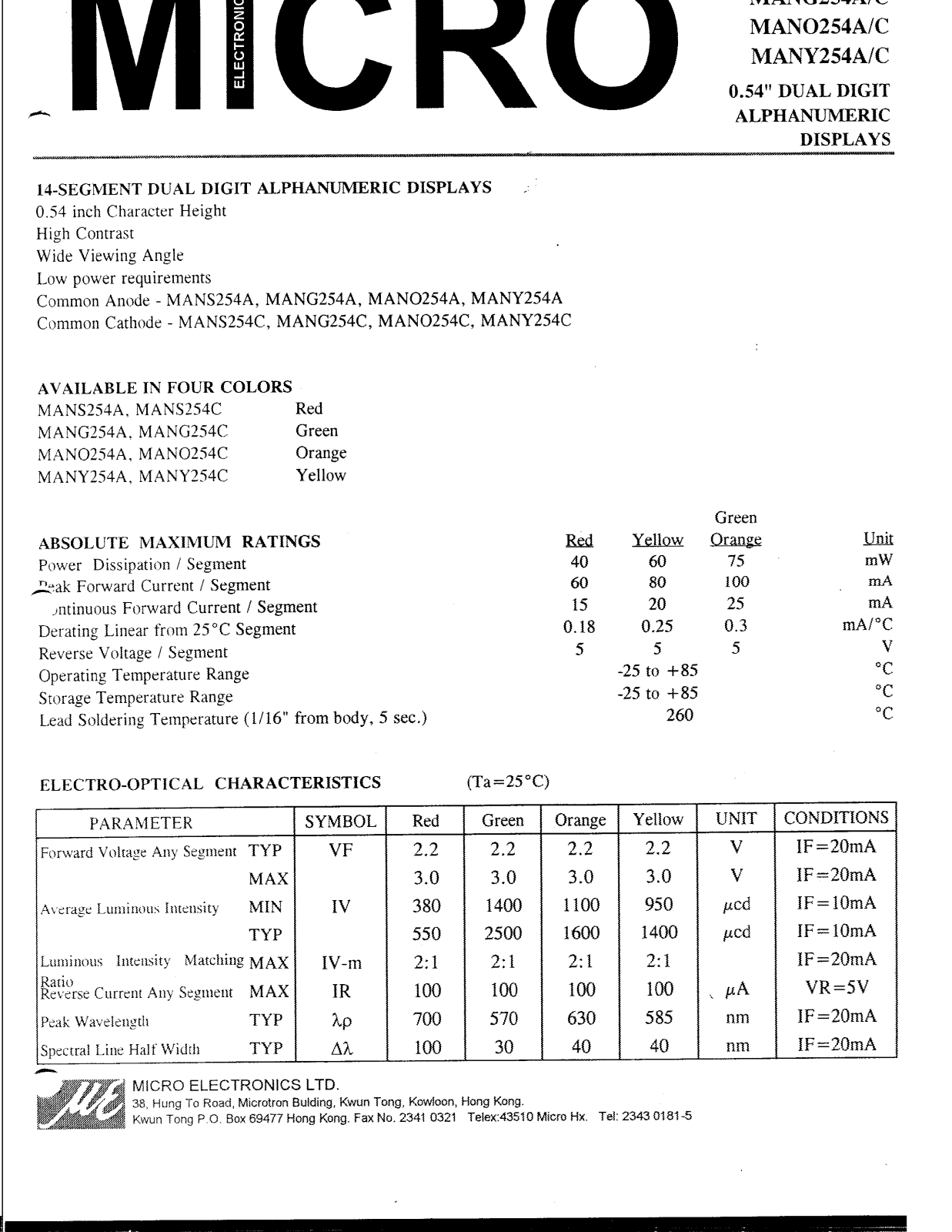 MICRO MANY254C, MANY254A, MANS254A, MANO254C, MANO254A Datasheet