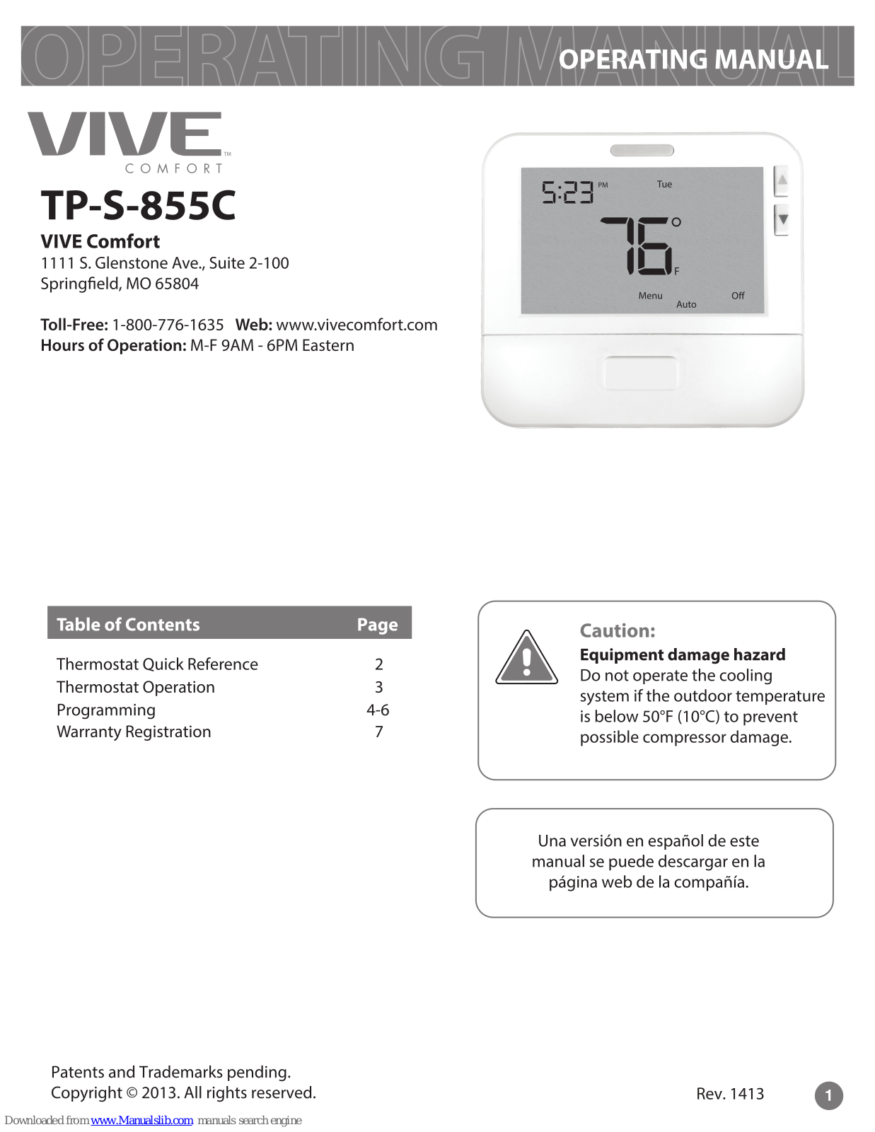 Vive Comfort TP-S-855C Operating Manual