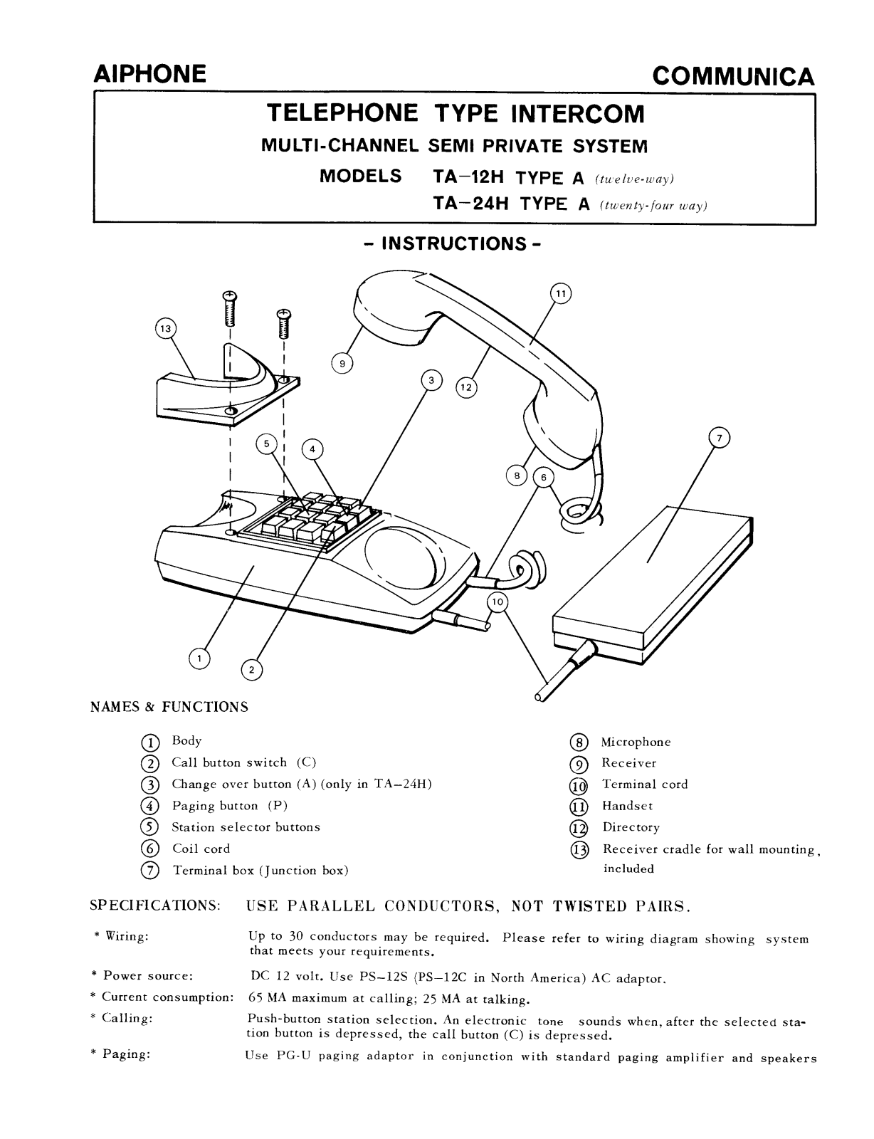 Aiphone TA-12H, TA-24H User Manual