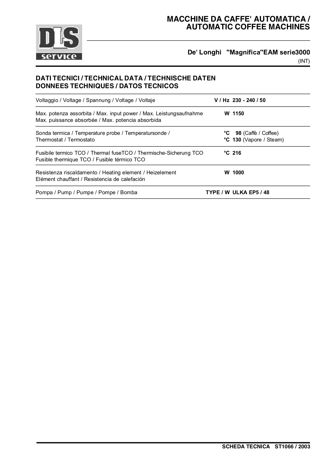 DeLonghi EAM 3000 OPERATING INSTRUCTIONS Scheda