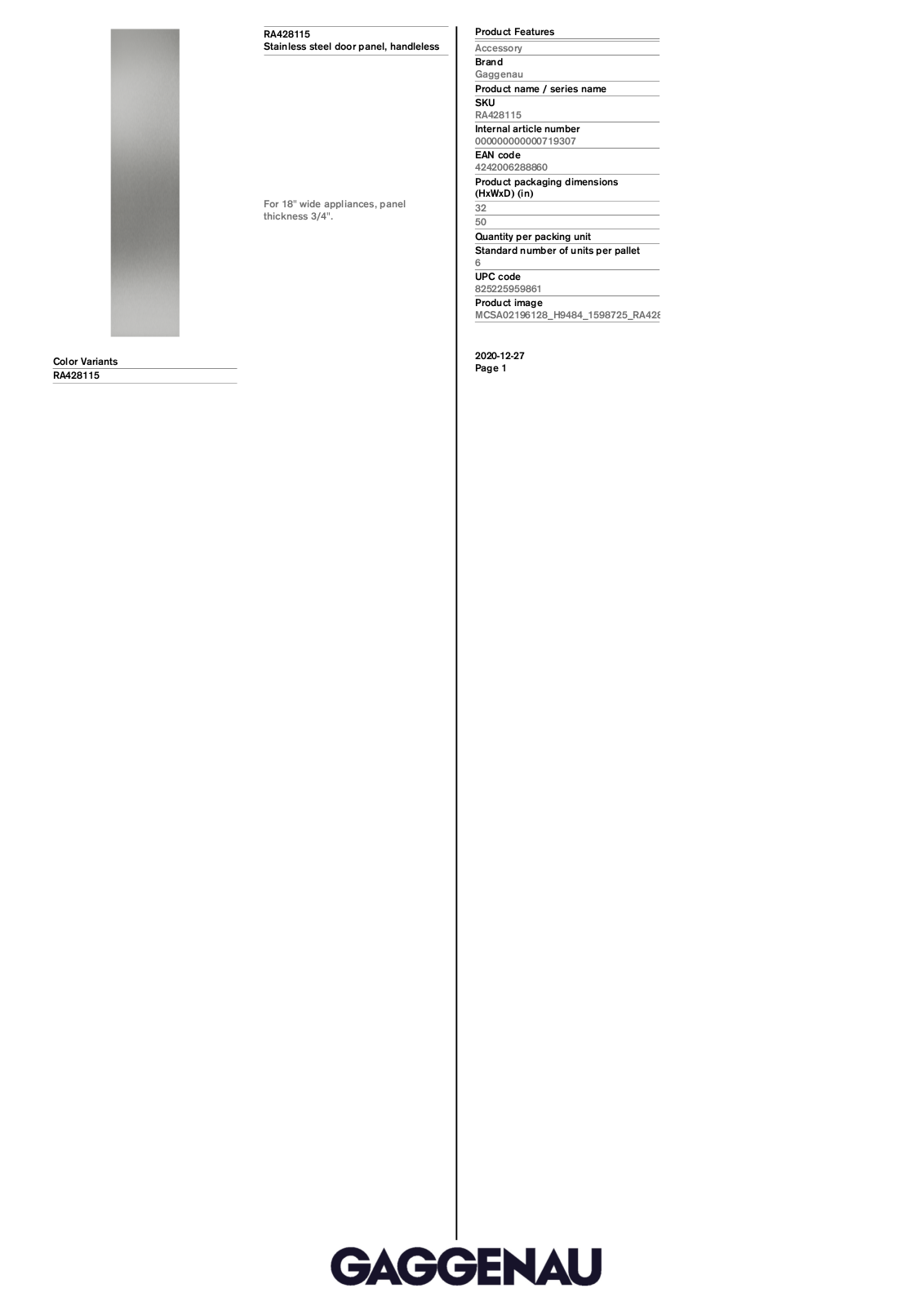 Gaggenau RA428115 Specification Sheet