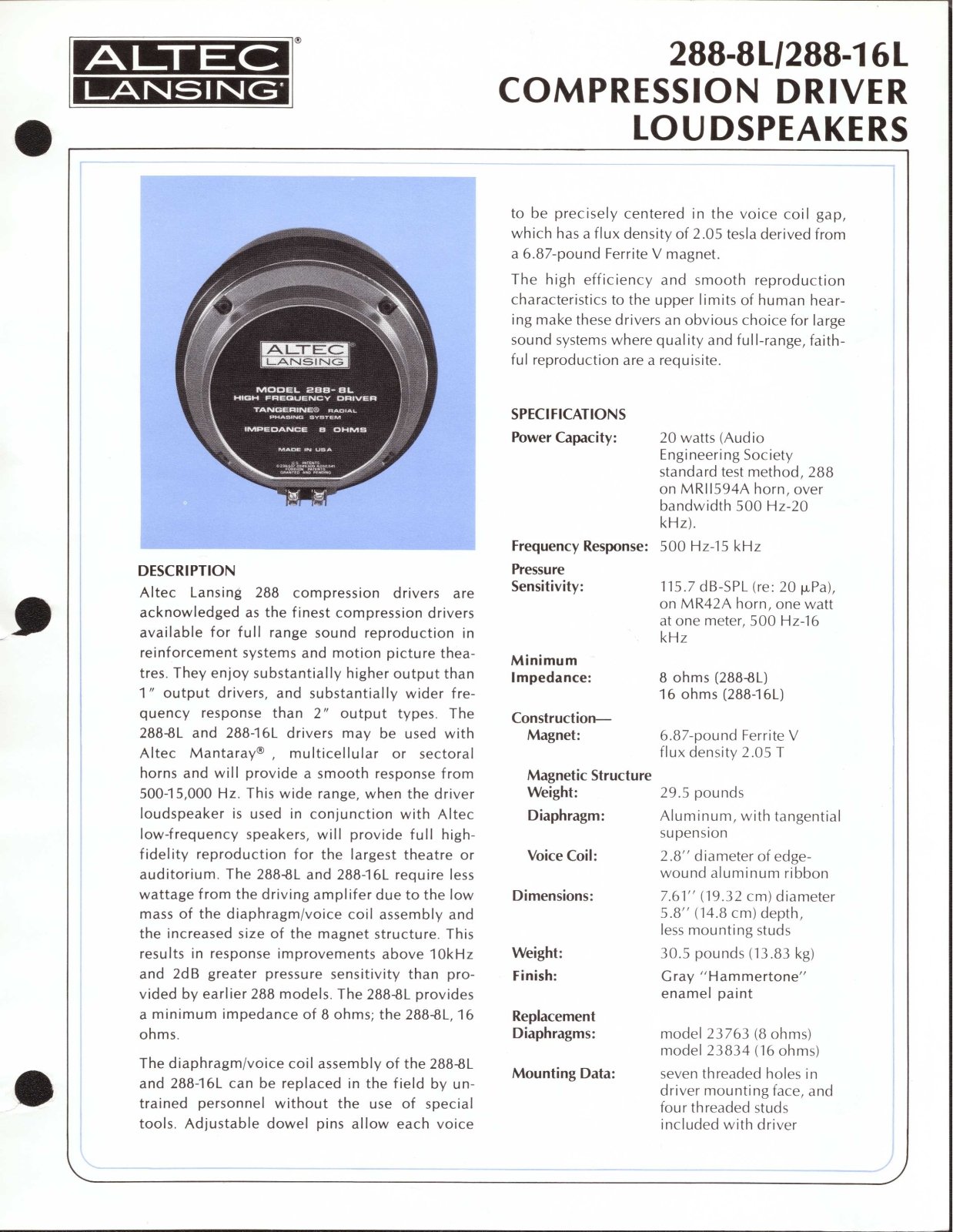 Altec lansing 288-8L HF, 288-16L HF User Manual