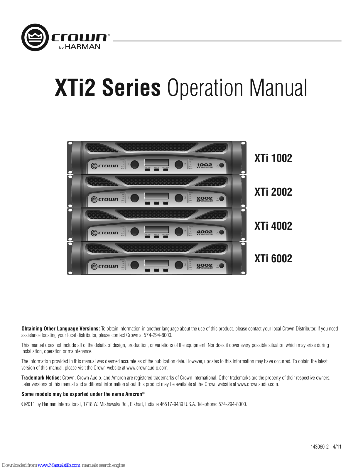 Crown XTI2 SERIES XTI 1002, XTI2 SERIES XTI 2002, XTi 2002, XTi 6002, XTi 4002 Operation Manual