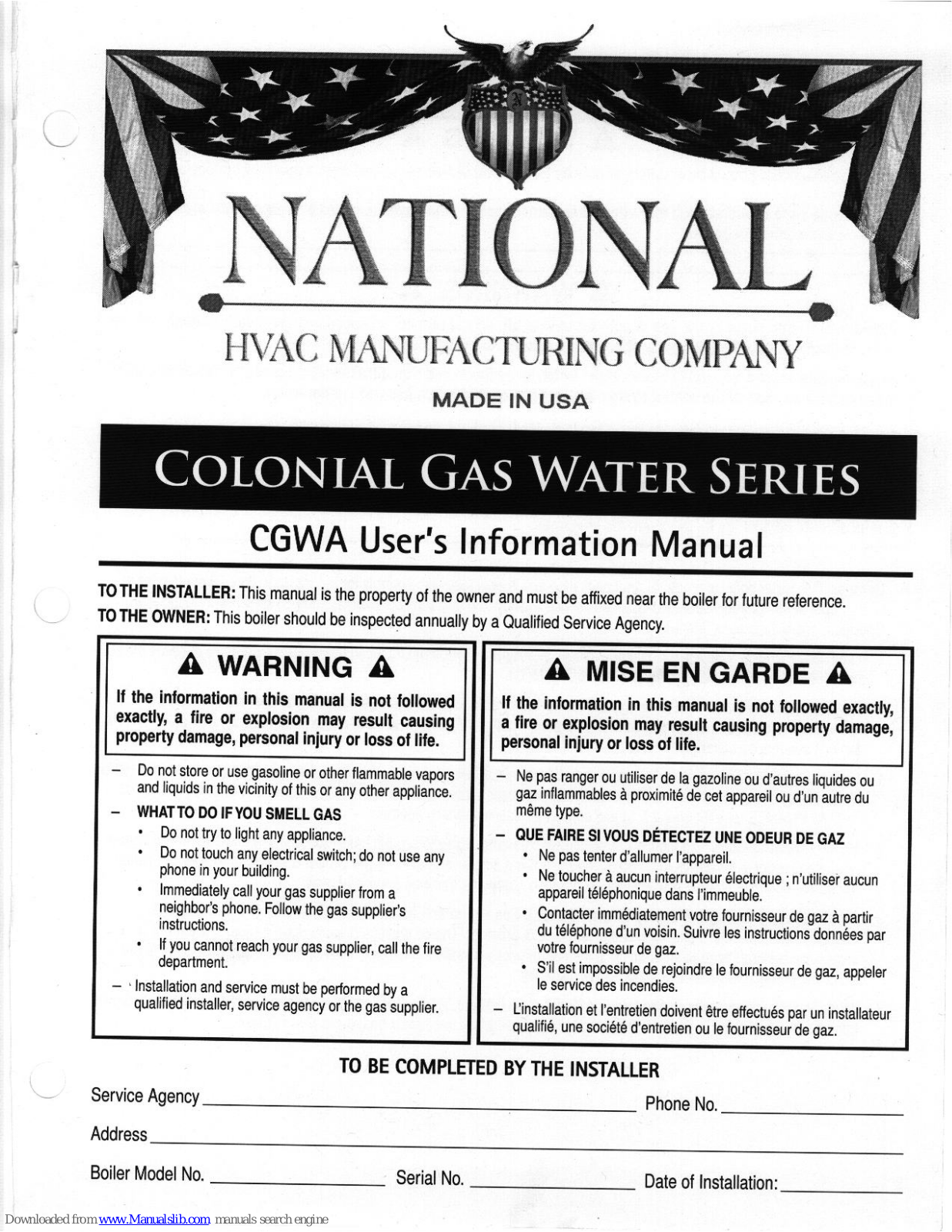 National Colonial Gas Water User Manual