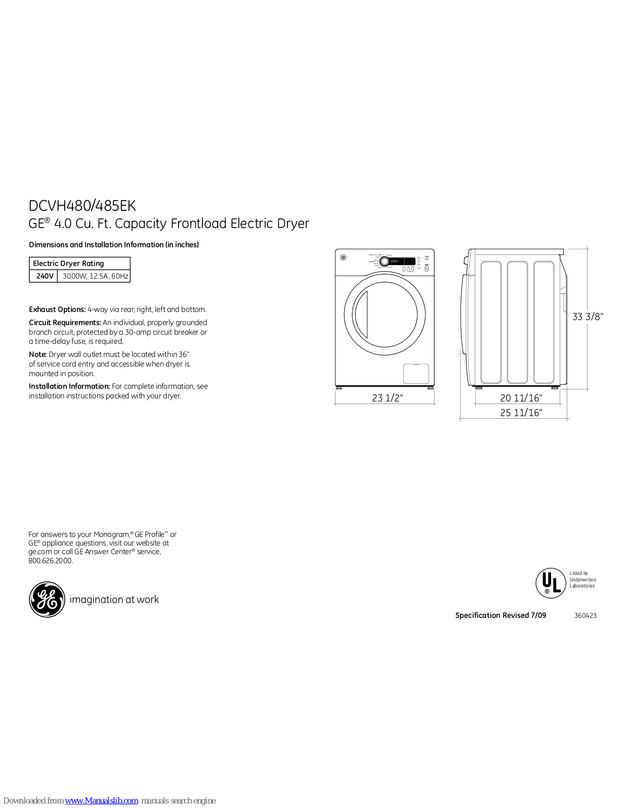 GE Profile DCVH480EK, DCVH485EK, DCVH480EKWW, DCVH485EKMS, DCVH480 Dimensions And Installation Information