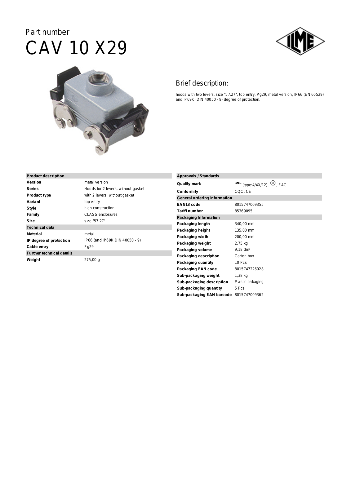 Datasheet CAV-10X29 Datasheet (ILME) - ManualMachine.com