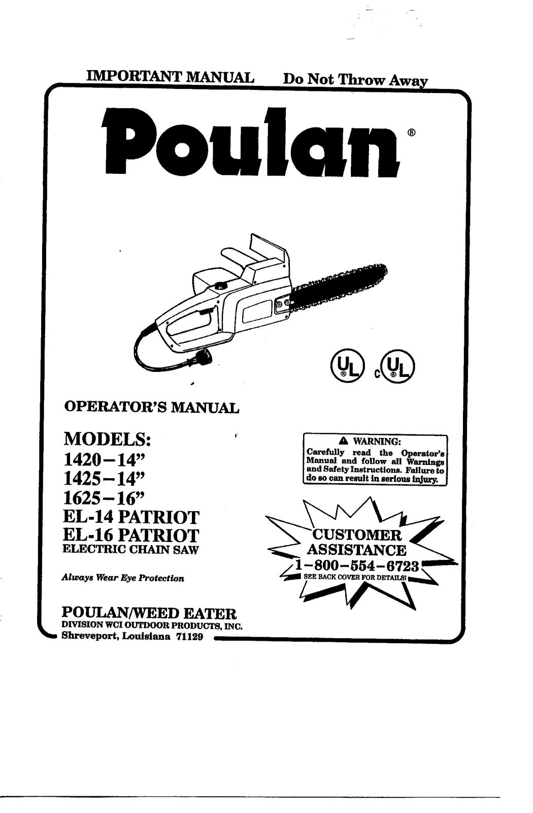 Poulan 1420, 1420-952801952, EL-14, 1425, EL-16 User Manual