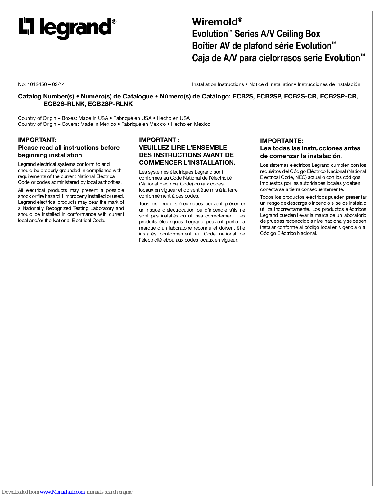 LEGRAND Wiremold ECB2S, Wiremold ECB2SP, Wiremold ECB2SP-CR, Wiremold ECB2S-RLNK, Wiremold ECB2SP-RLNK Installation Instructions Manual