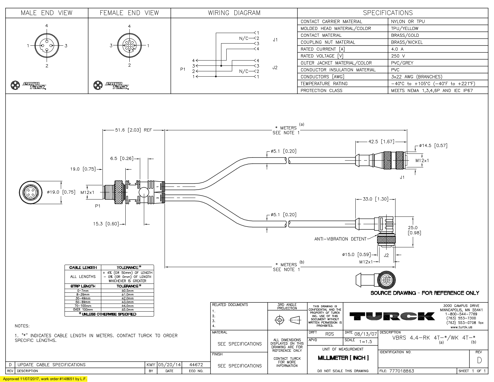 Turck VBRS4.4-RK4T-2/WK4T-1 Specification Sheet