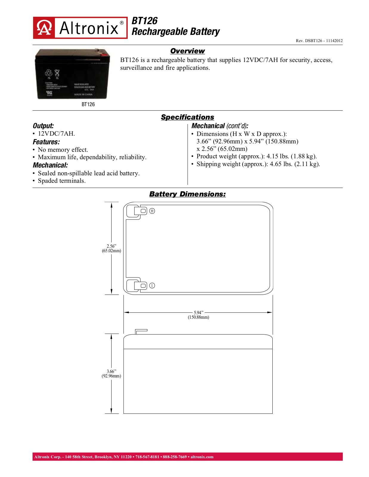 Altronix BT126 Data Sheet