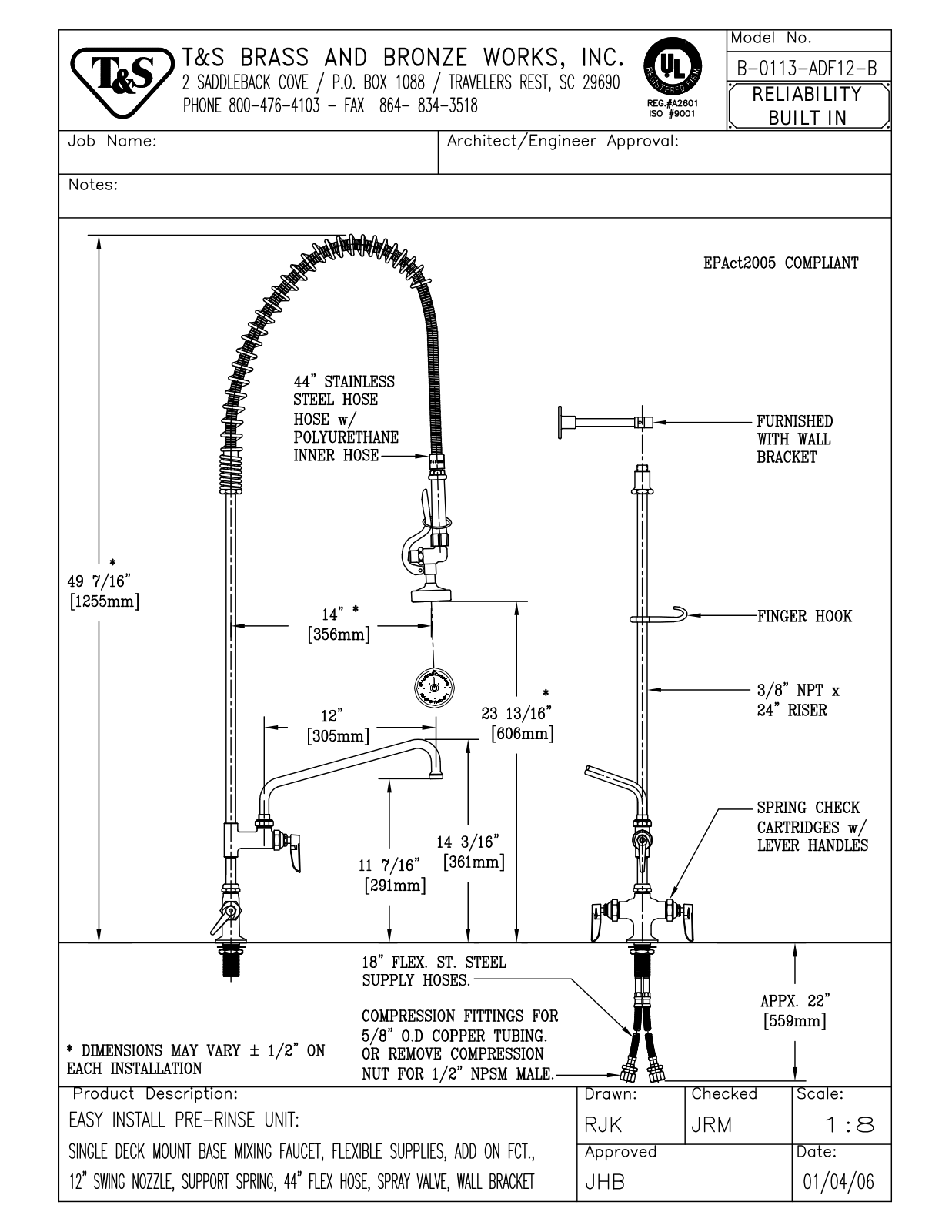 T&S Brass B-0113-ADF12-B User Manual