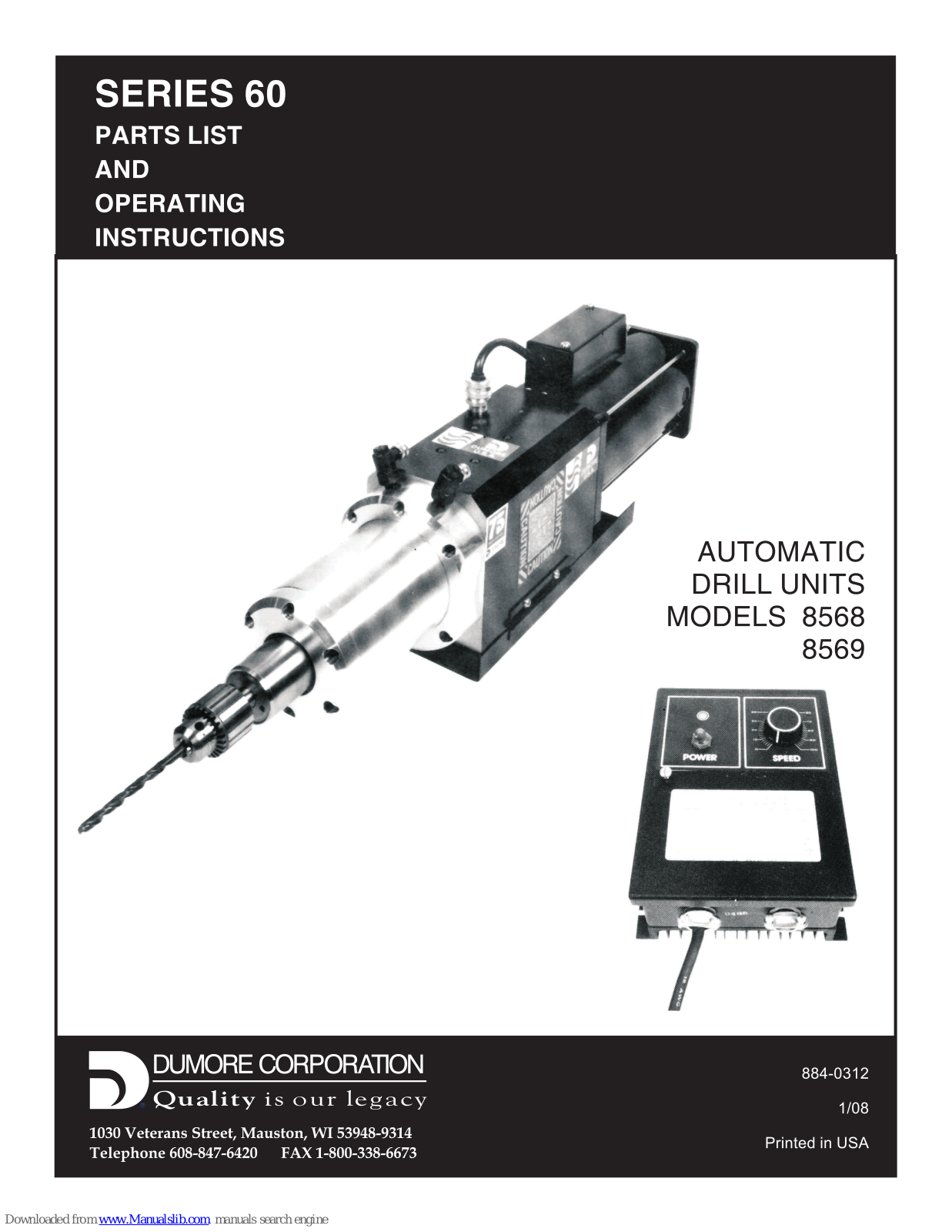 dumore 8568, 8569 Parts List And Operating Instructions