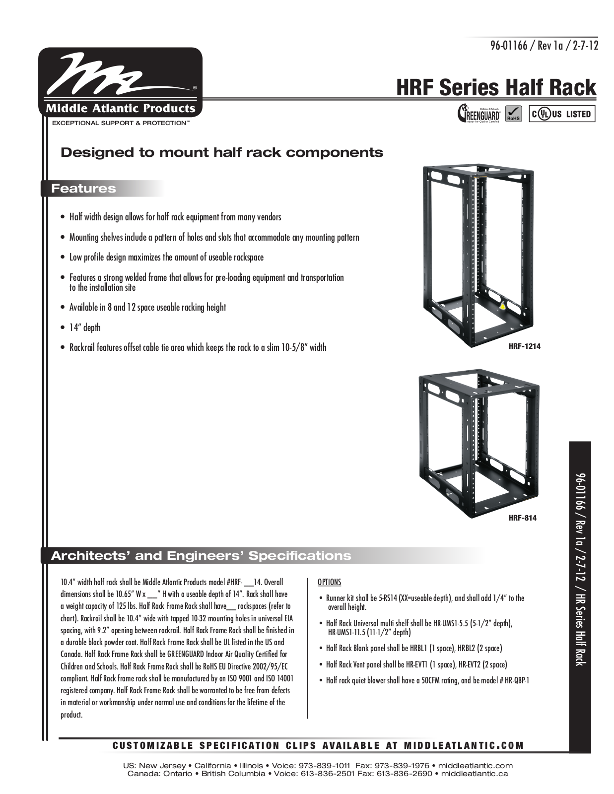 Middle Atlantic HRF-1214 Specifications