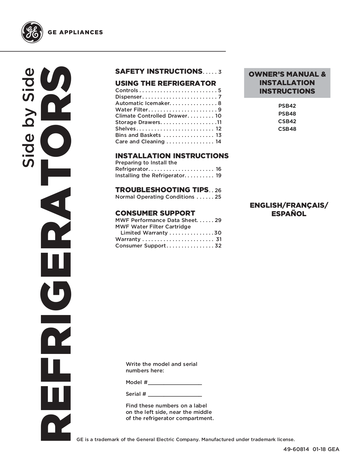 GE PSB48YSKCSS, PSB48YSKBSS, PSB42YSKCSS, PSB42YSKBSS, CSB48WSKCSS Owner’s Manual