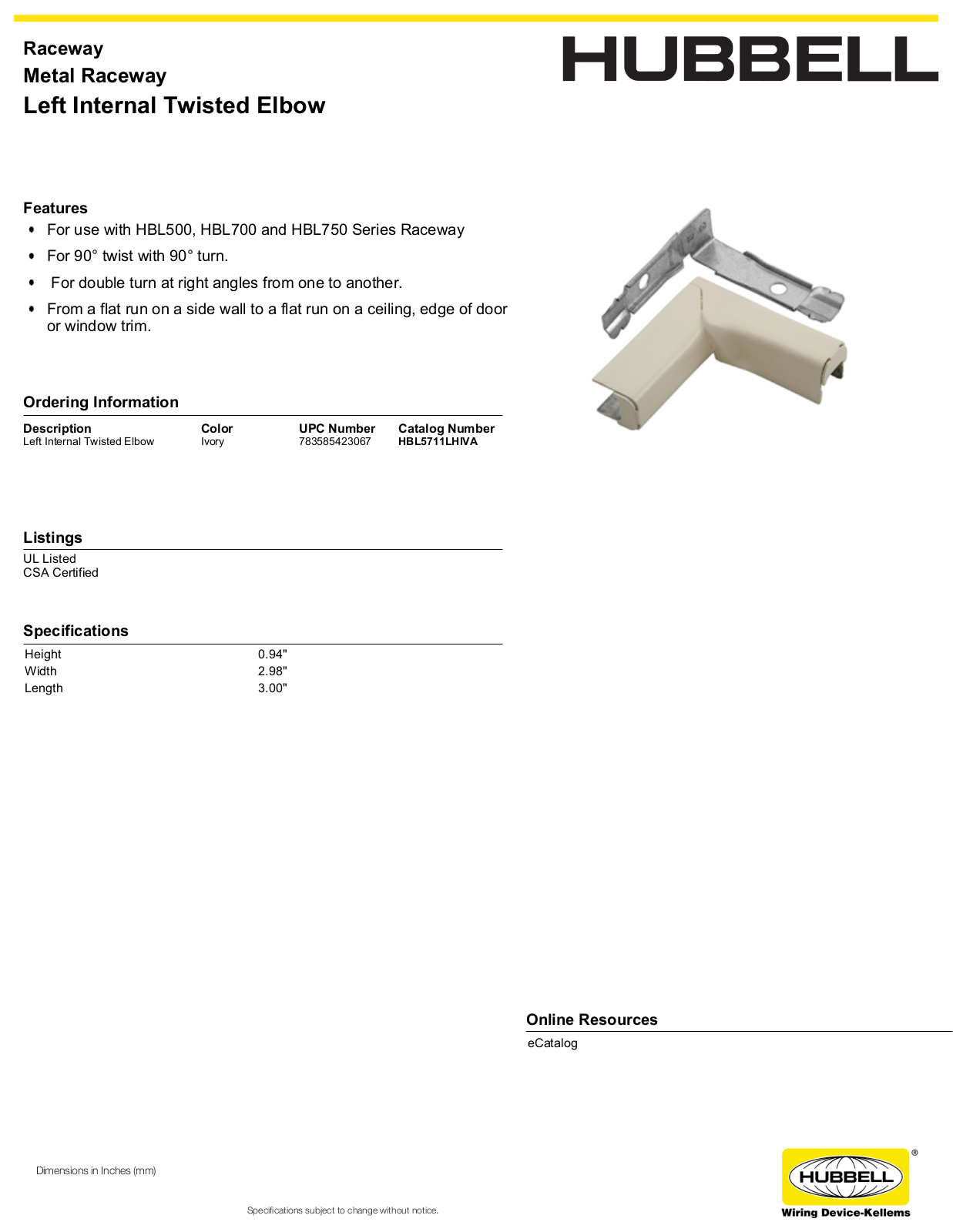 Hubbell HBL5711LHIVA Specifications