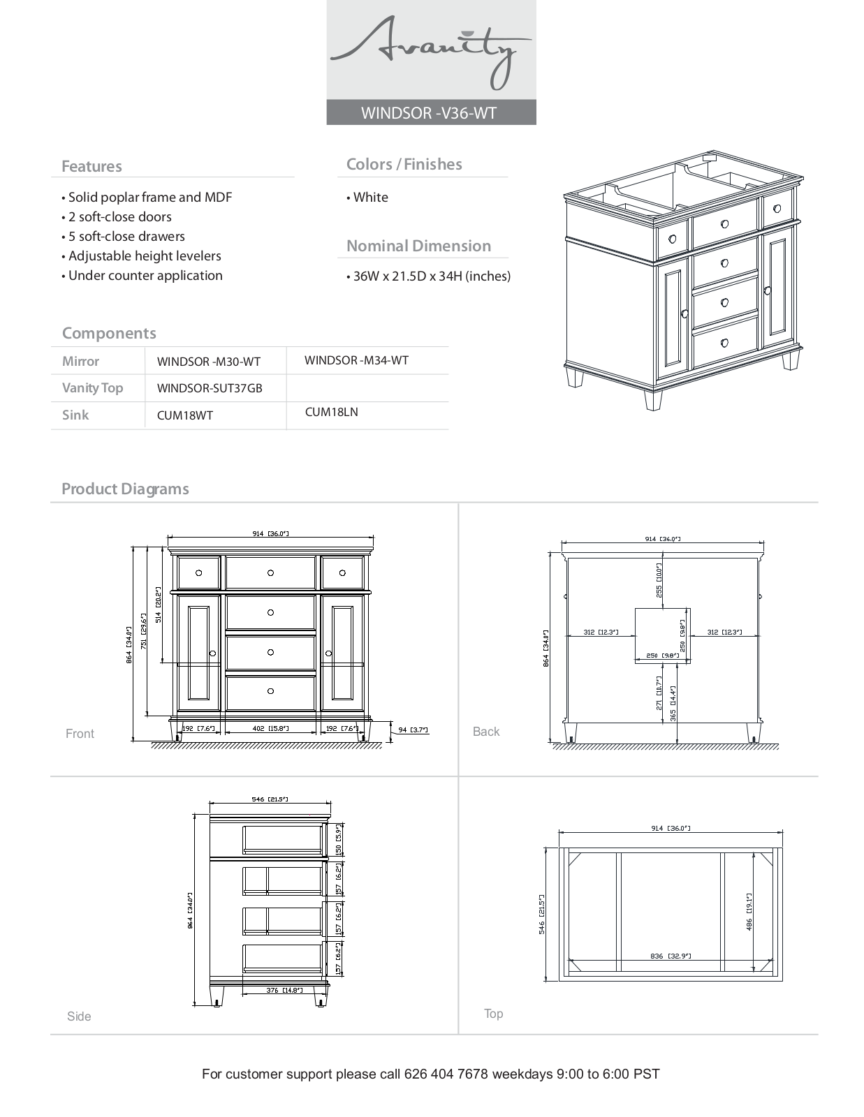 Avanity WINDSORVS36WTC Specifications