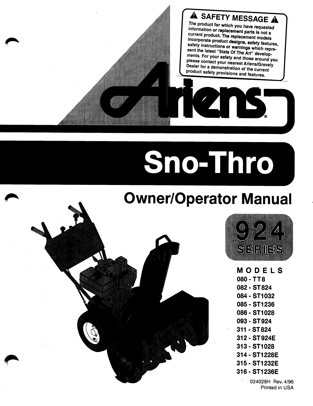 Ariens 312-ST924E, 315-ST1232E, 086-ST1028, 093-ST924, 313-ST1028 User Manual