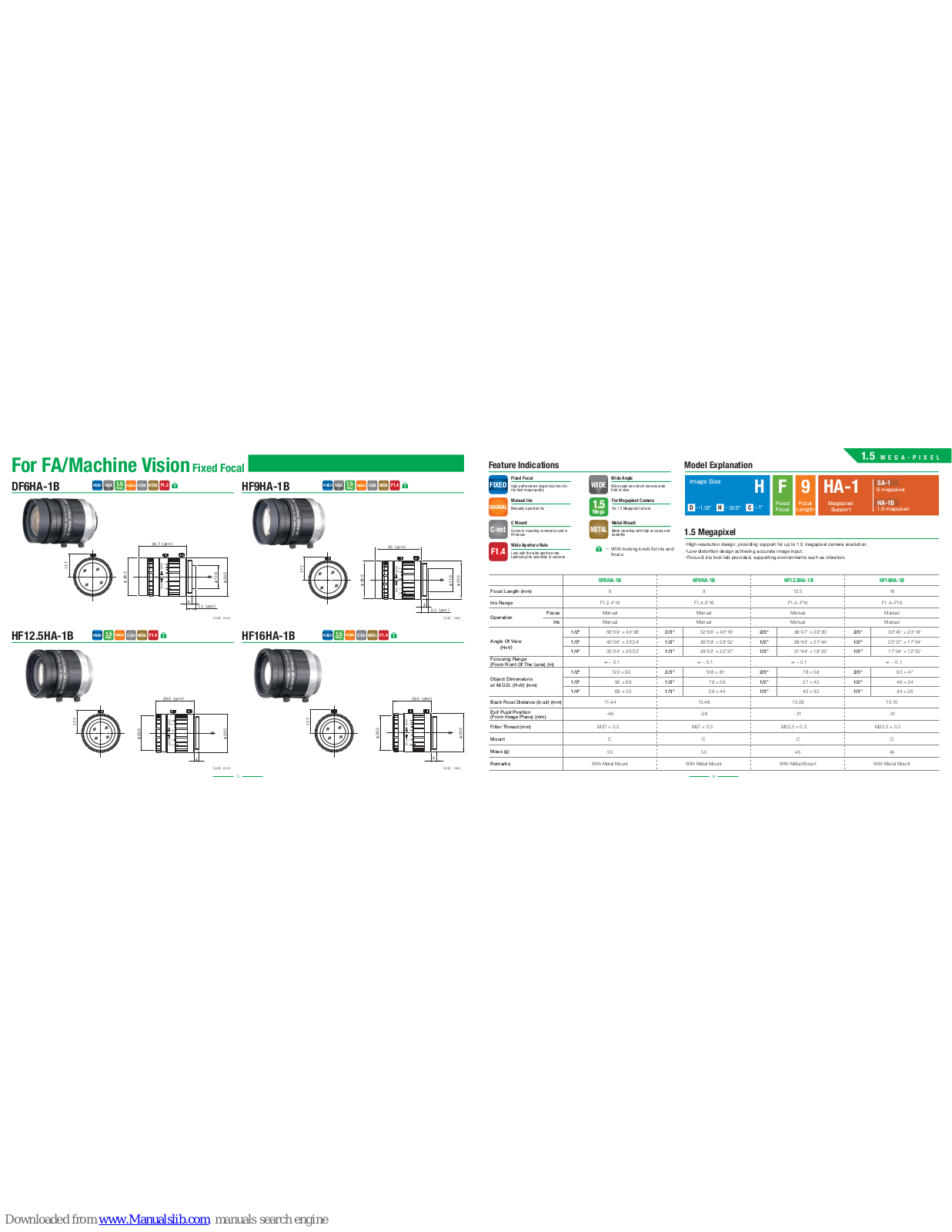 FujiFilm DF6HA-1B, HF12.5HA-1B, HF9HA-1B, HF16HA-1B, HF25HA-1B Specification