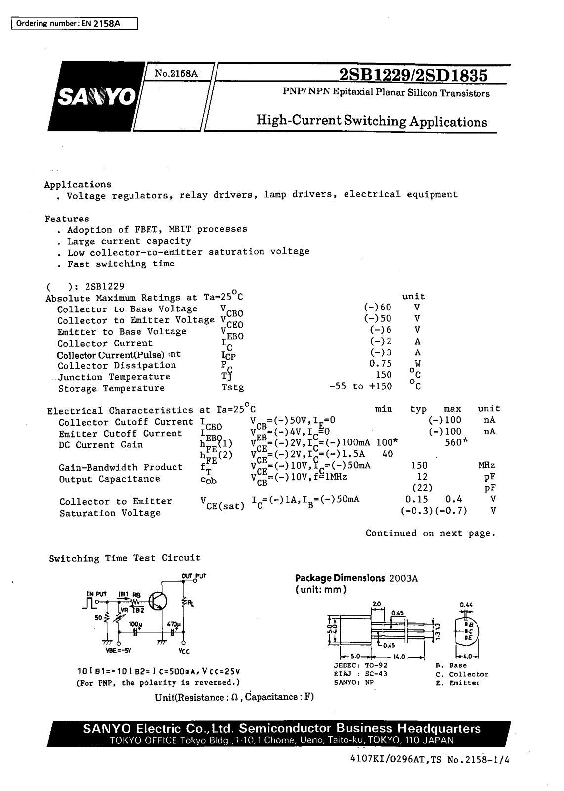 SANYO 2SD1835, 2SB1229 Datasheet