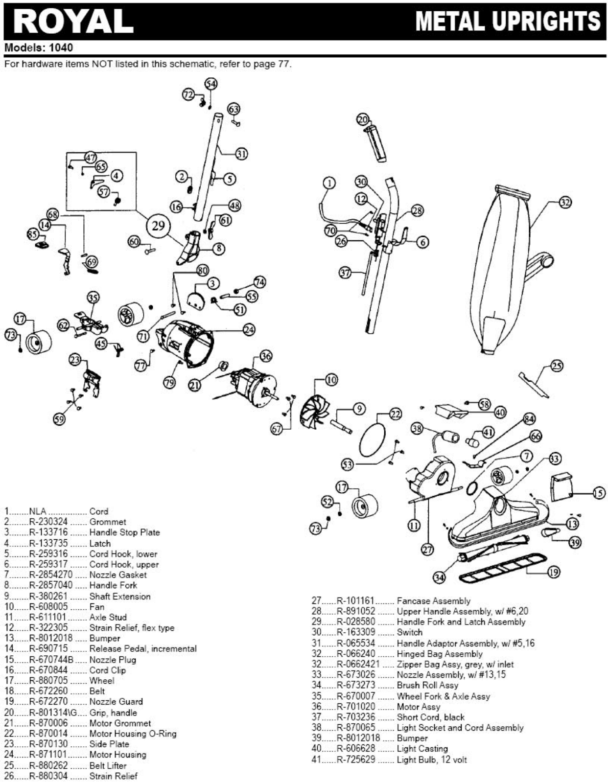 Royal 1040 Parts List