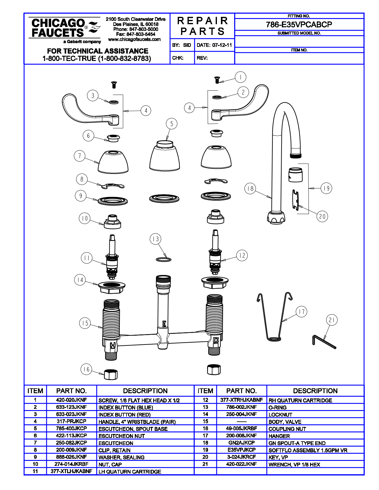 Chicago Faucet 786-E35VPCAB Parts List