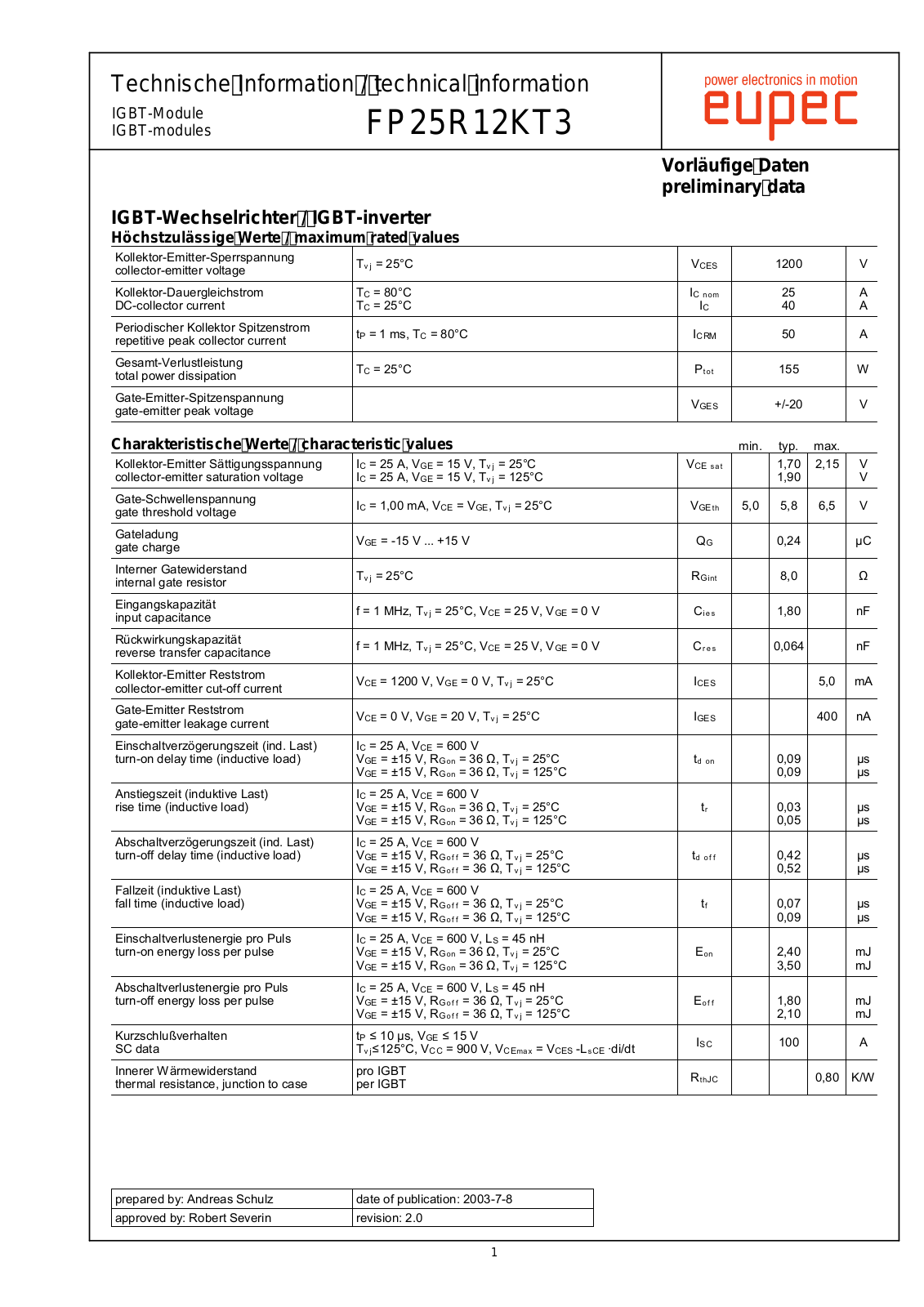 Infineon FP25R12KT3 Data Sheet