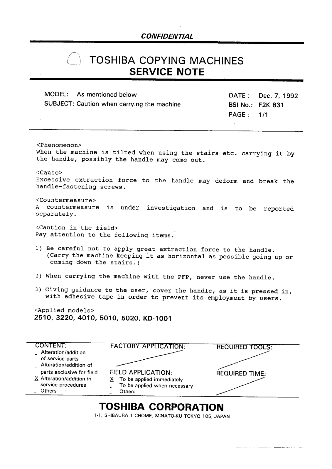 Toshiba f2k831 Service Note