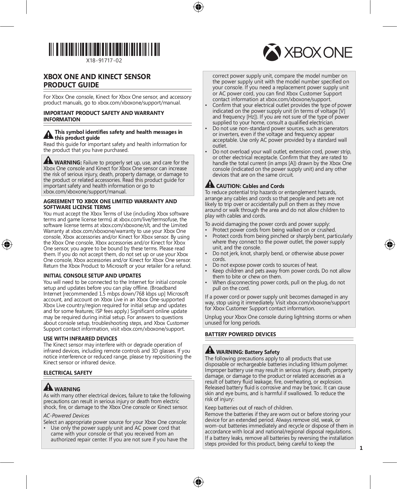 Microsoft Xbox One and KINECT sensor Instruction manual